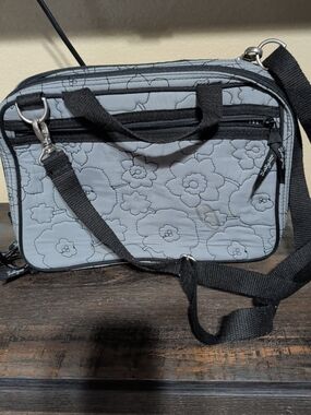 Quilted Floral Crossbody Bag in Light Gray with Black Trim